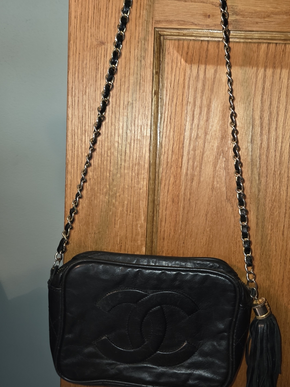 CHANEL Black Leather Quilted Crossbody Bag, Tassel and Gold Hardware VIP GIFT